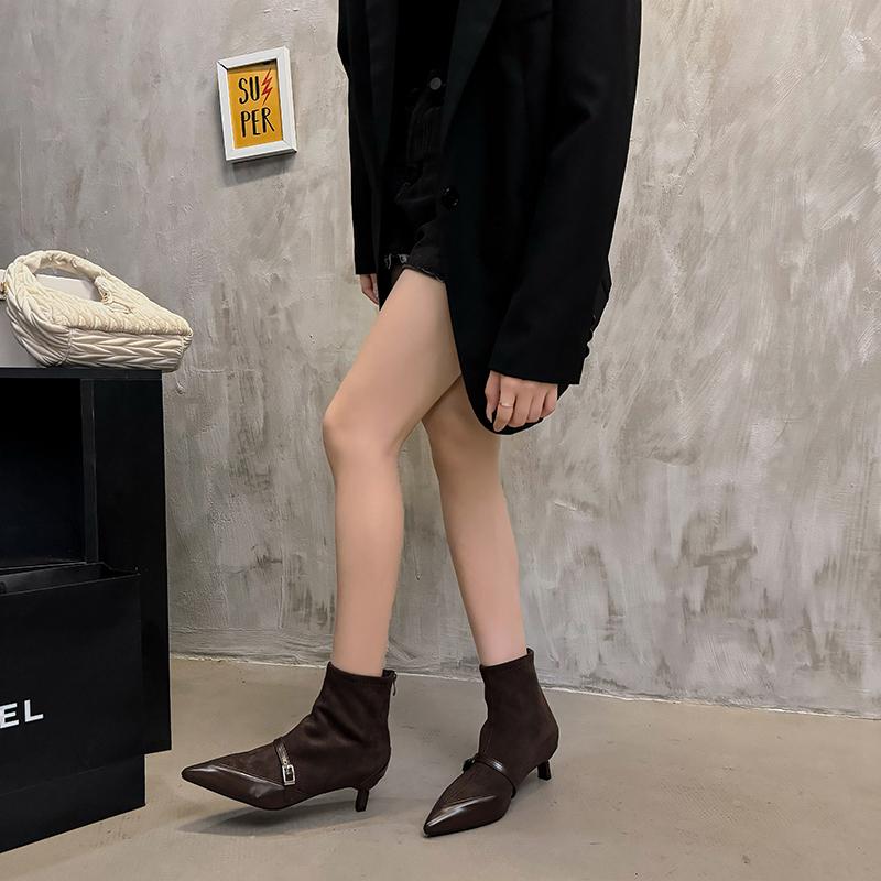 Fashion Fashion Elastic Ladies Short Booties Slip On Shoes Designer Footwear Pointed Toe Women Ankle Modern Boots Medium Heels Shoes2024