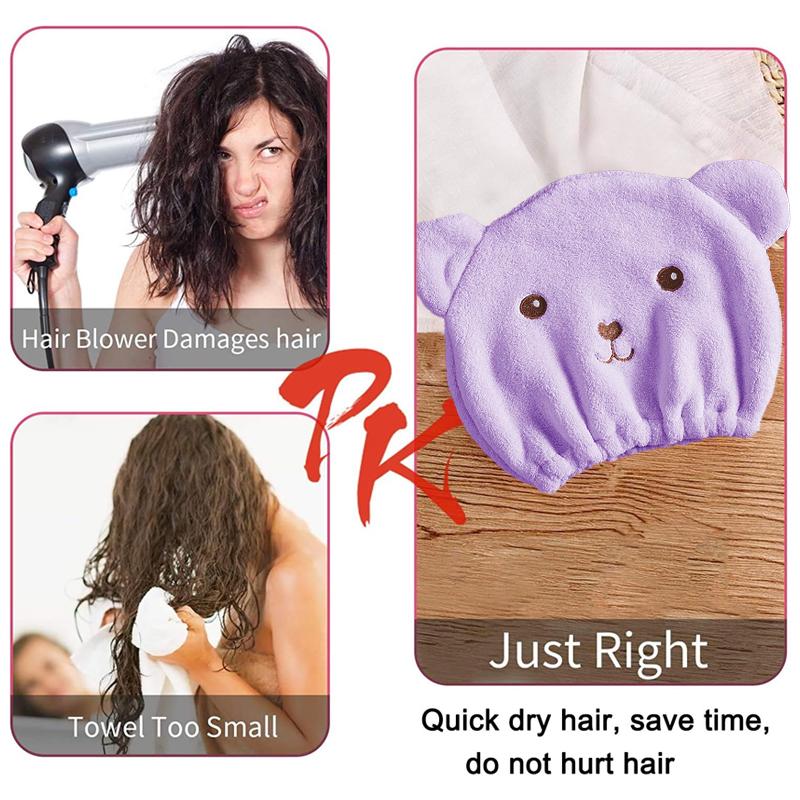 Quick-Drying Absorbent Hair Drying Cap for Women - Thick Microfiber,  Cute Bear Embroidery, Shower Head Towel