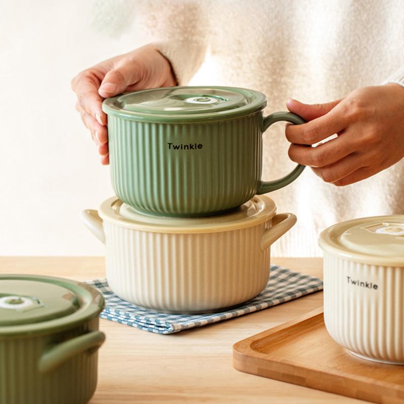 YWDL Европейская полосатая миска для лапши быстрого приготовления с ручкой Керамическая кухонная посуда Миска для салата, супа, фруктов, пасты, подходит для микроволновой печи