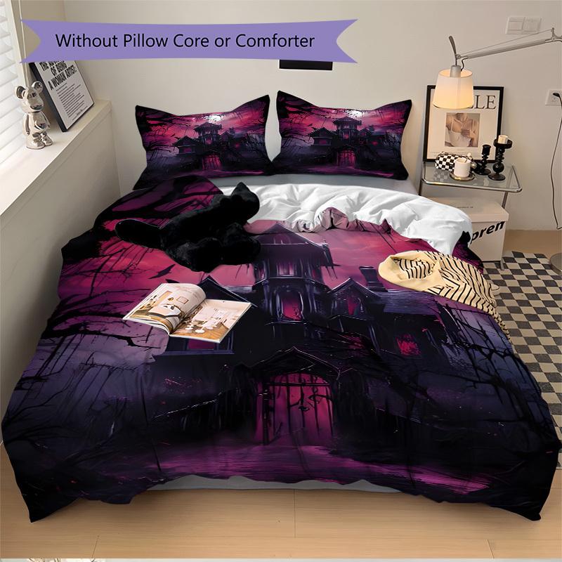 3pcs Haunted House Moonlit Bedding Set, Includes Without Pillow Inserts, Soft Comfortable Bedding Set,All-Season Use a0924042