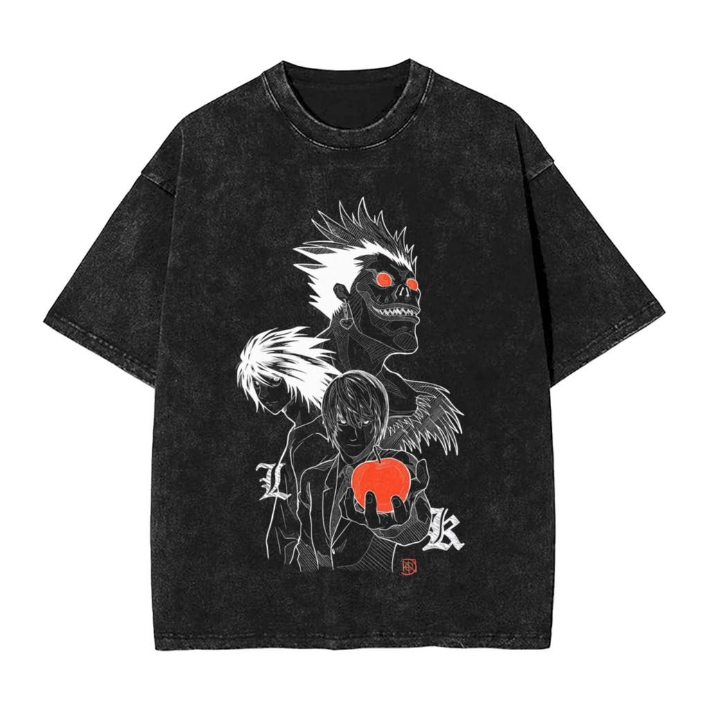 Anime Harajuku Cotton Oversized TshirtMen Short Sleeve TeesDeath Note YK Summer Loose Washed Tops TShirt