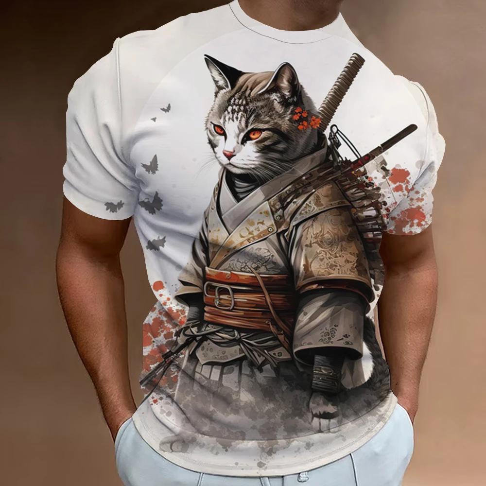 New Retro Men 2024 Fashion Oversized Men's Clothing Quick Drying T-shirt Top T-shirt 3d Samurai Cat Print Short Sleeve T-shirt