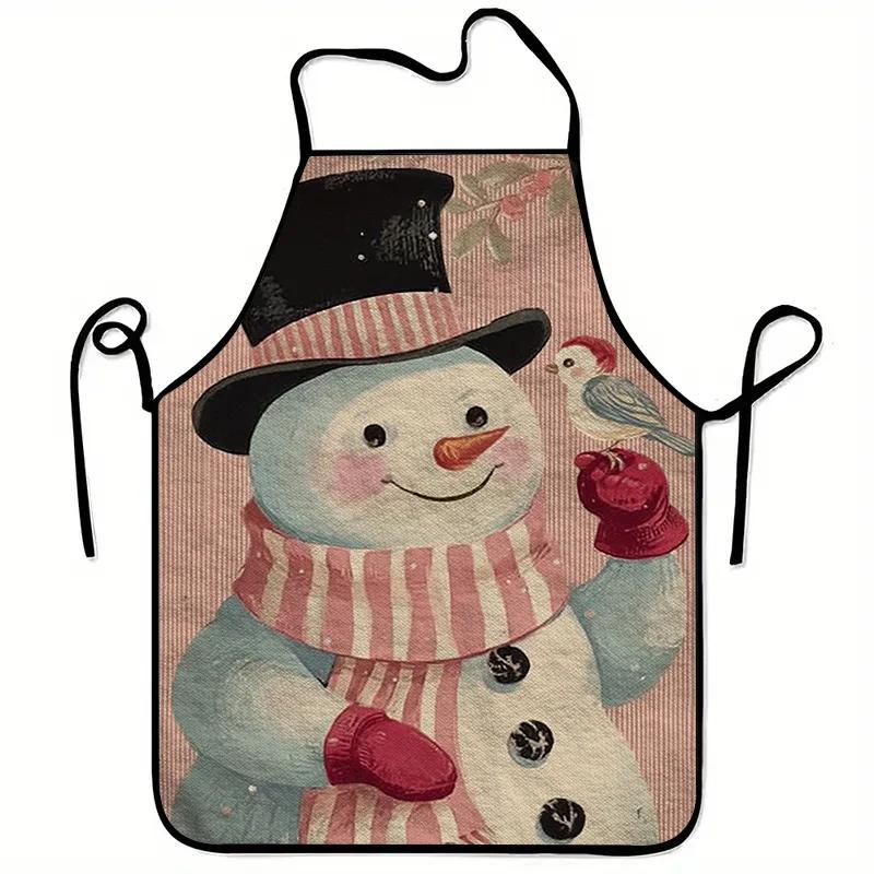 1pc Christmas Snowman Pattern Apron, Fashionable Home Workwear, Durable BBQ Apron, Washable Reusable Kitchen and Restaurant