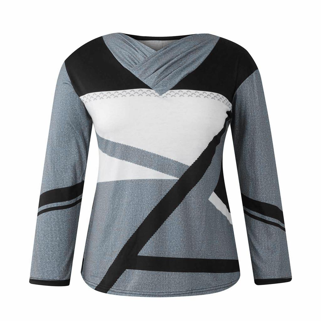 Женские топы Нарядные повседневные рубашки с длинными рукавами с перекрестным V-образным вырезом и цветными блоками Повседневная туника Блузки Топы