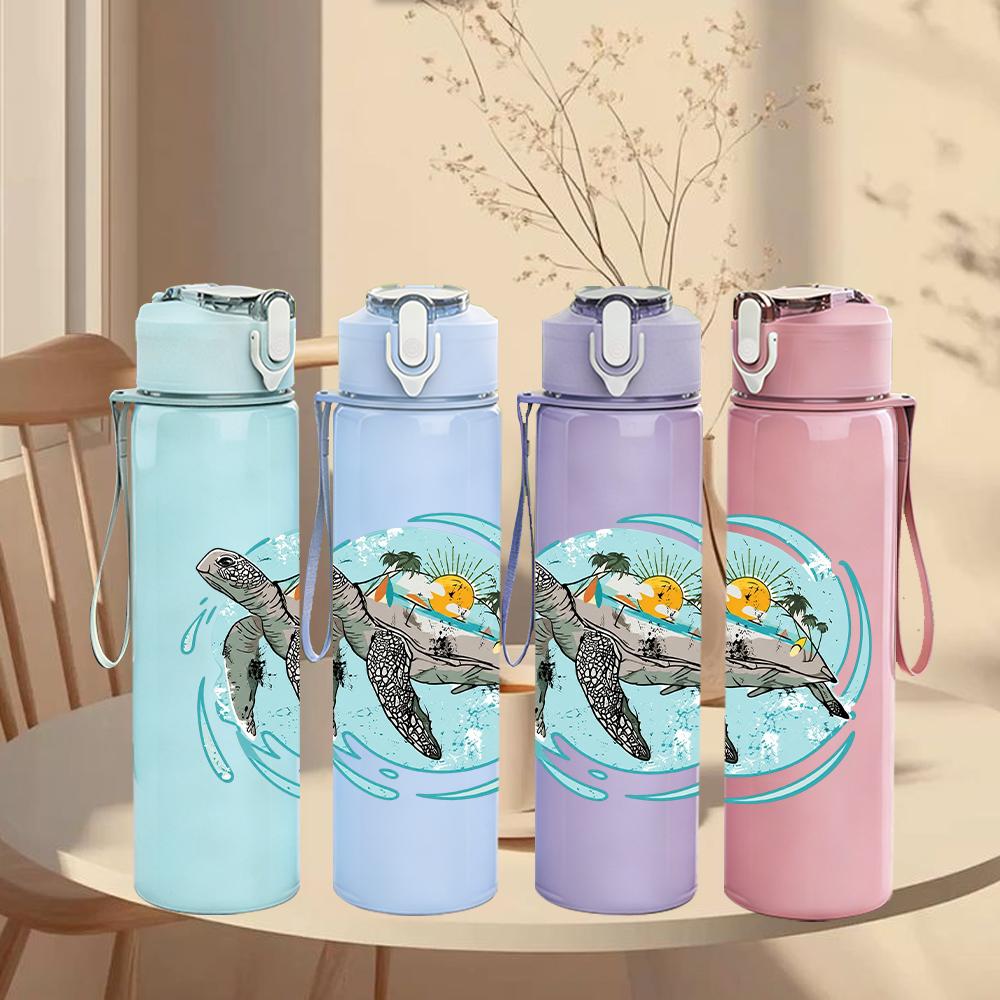 1PC Swimming Sea Turtle 750ml Color Plastic Sports Water Bottle Leakproof Flip Straw Lid Suitable for Sports Office Home Use