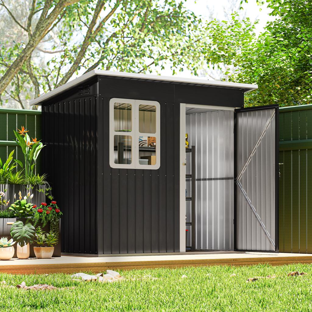 Garden Shed, Garden House with Window, Lockable Door, for Garden, Patio, Steel, 221L x 133W x 190H cm, Grey