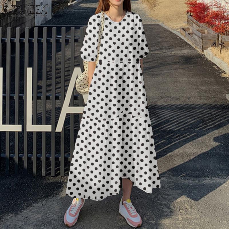 ZANZEA Женское повседневное платье с круглым вырезом и коротким рукавом в горошек