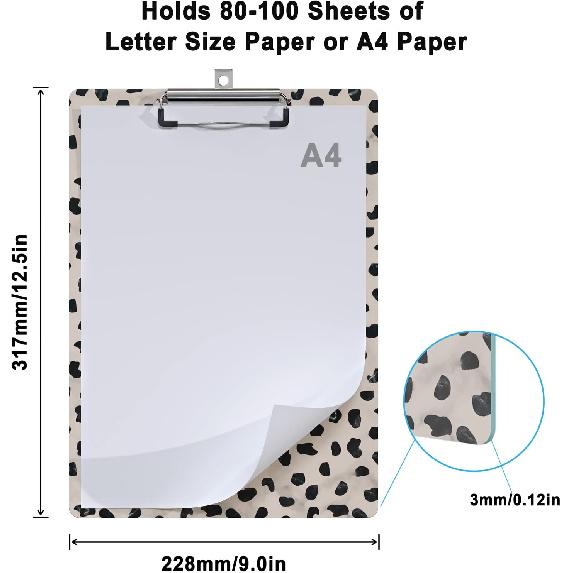 Cute Clipboard Leopard Wood Design Decorative A4 Letter Size Clip Boards for Classroom Office, Standard Size 9" x 12.5" with Low Profile Metal Clip -
