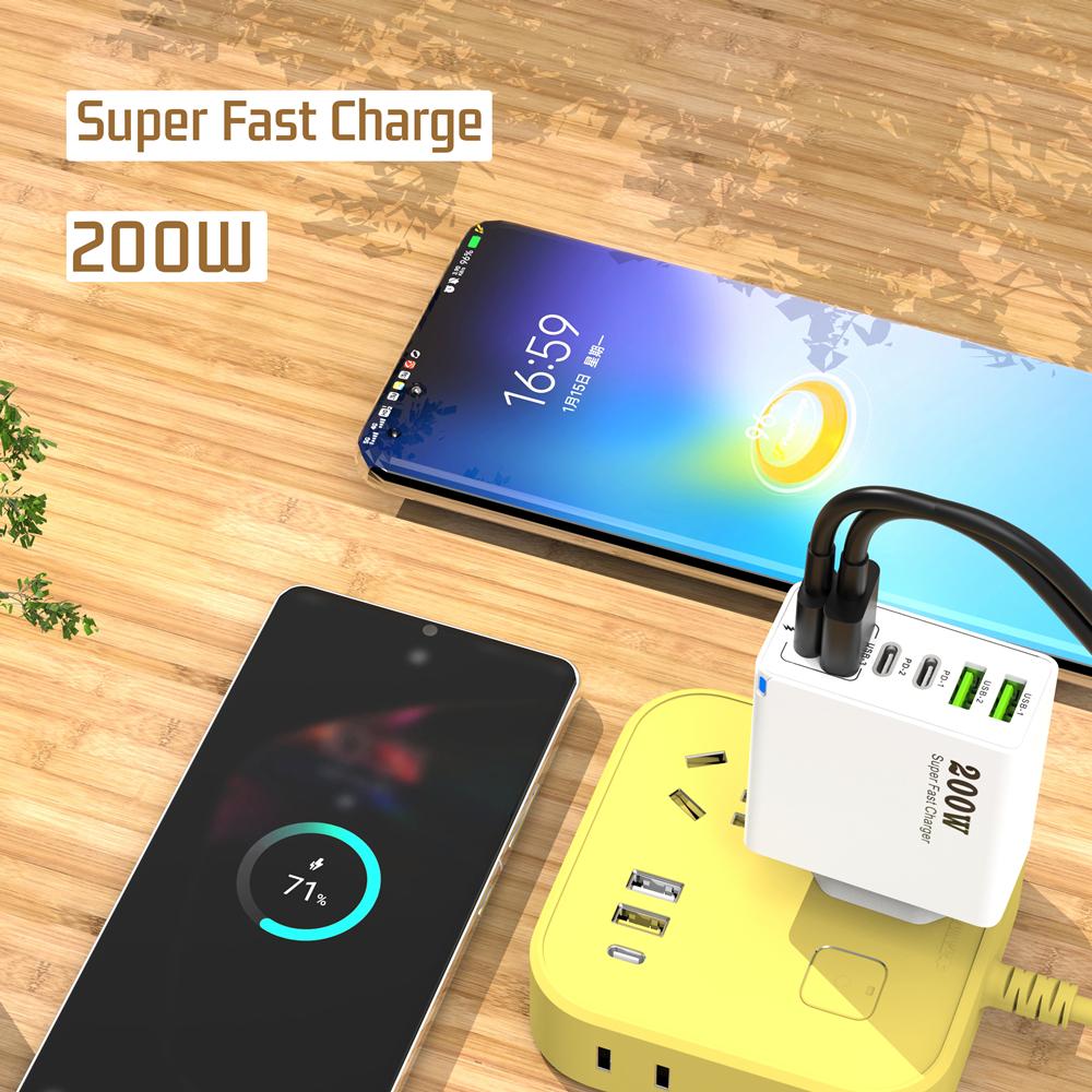 200 Вт 6 портовый USB C зарядное устройство супер быстрая зарядка PD3.0 USB C Type C зарядное устройство для мобильного телефона iPhone 16 SE4 Samsung Xiaomi ipad