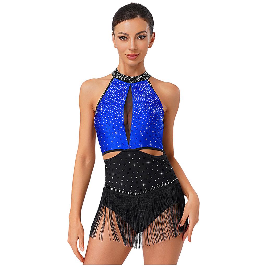 Женский латиноамериканский джазовый танцевальный купальник, полностью расшитый стразами, юбка с бахромой, открытая спина, контрастный боди