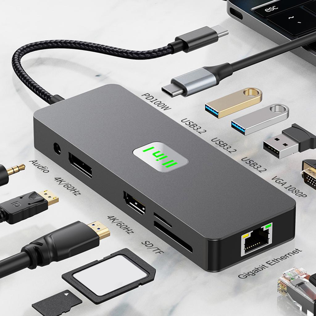 11 in 1 TYPE-C to RJ45 Gigabit USB3.2 HDMI DP+SD/TF 3.5mm Audio VGA PD100W PC