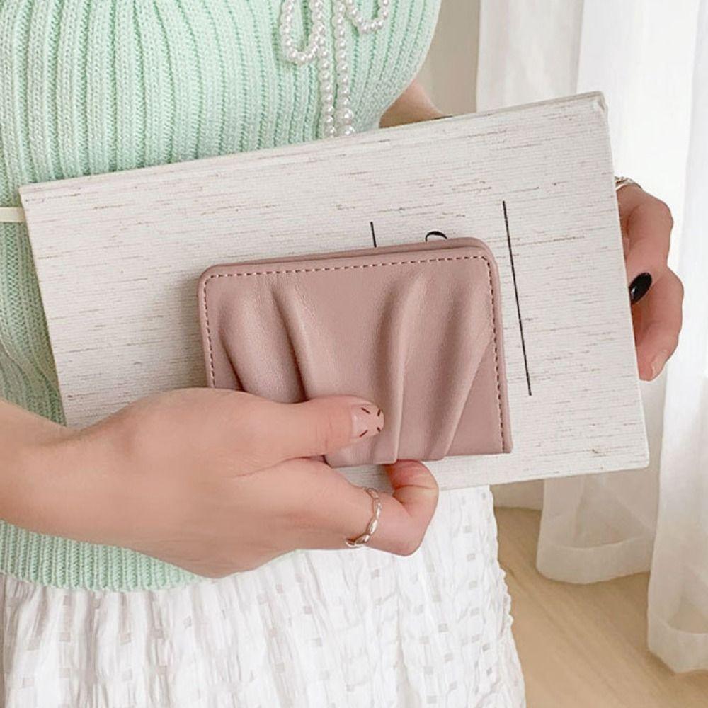 Elegant Foldable Wallet Multiple Card Slots Korean Style Mini Coin Purse PU Leather Solid Color Wrinkled Card Holder Outdoor
