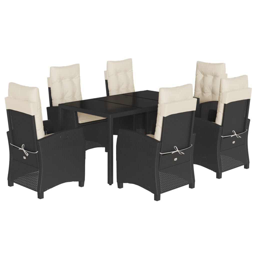 7 Piece Garden Dining Set with Cushions Black Poly Rattan