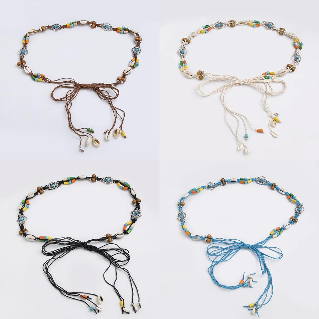 Bohemian Waist Cord With Embellished Shells And Wooden Beads For Beach And Vacation Accessories