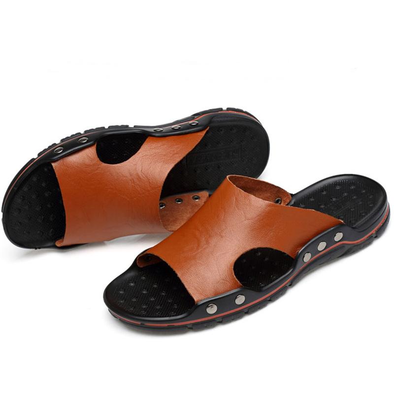 Летние мужские кожаные тапочки с массажной подошвой большого размера 38-48 Пляжные сандалии
