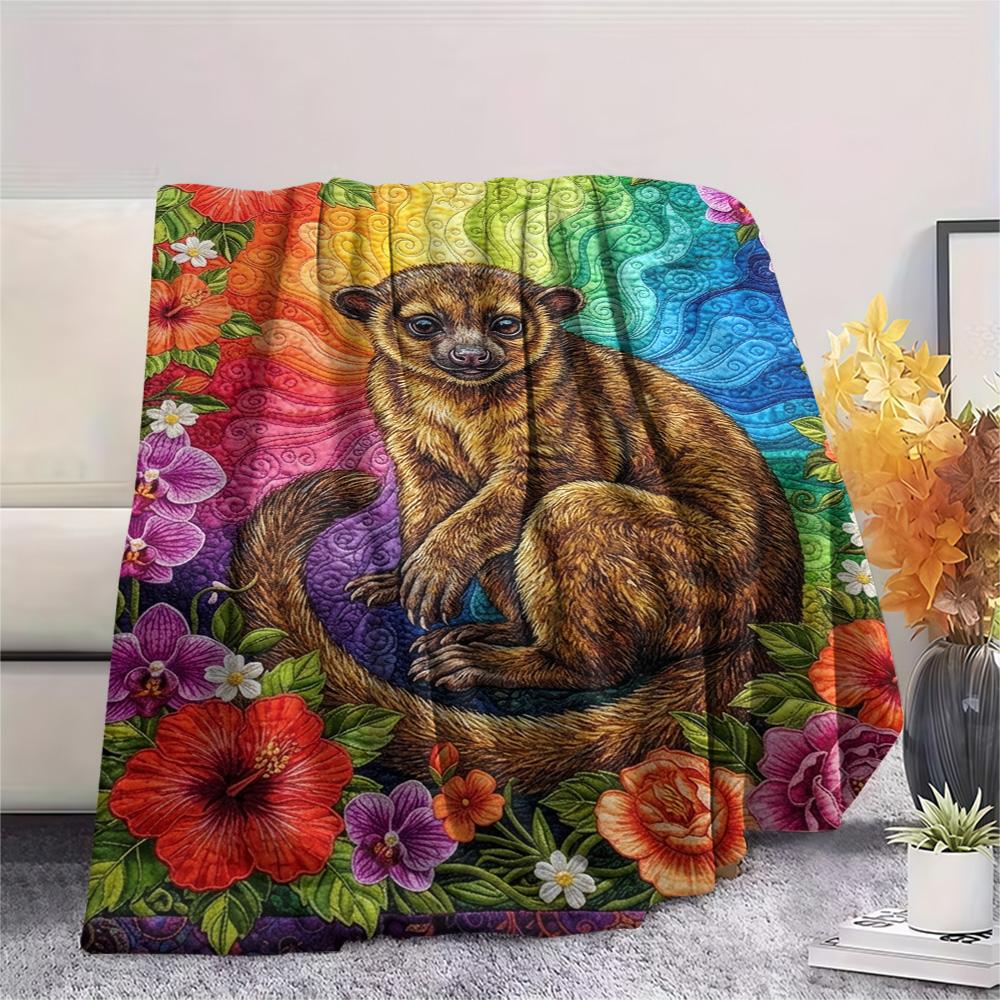 1PC Rainbow Wildlife Art Print FlAannel Blanket, High quality Comfortable for All Seasons, Home Decor, Warmth and Comfort