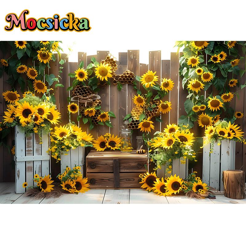 Mocsicka Photography Background Spring Sunflower Bee Kids Birthday Party Cake Smash Baby Shower Decoration Backdrop Photo Studio
