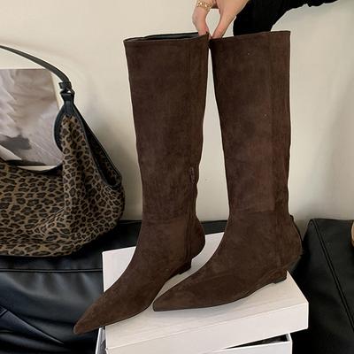 Модные дизайнерские женские туфли на низком клину, модные ботинки в винтажном стиле с острым носком до колена, женская обувь для вечеринок и танцев, длинные ботильоны, размер 40