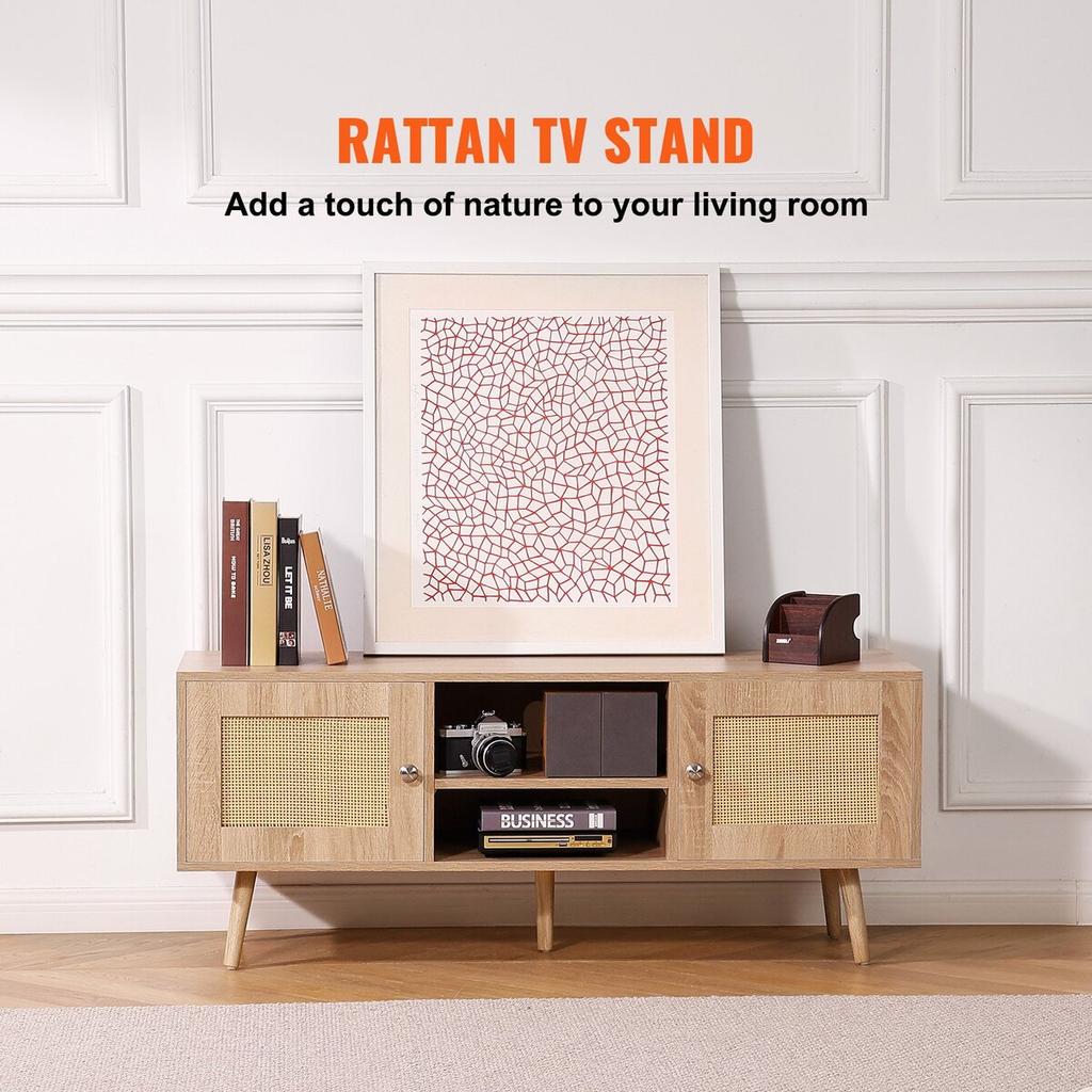 Rattan TV Stand, Boho TV Cabinet for 55 inch TV, Mid Century Modern TV Stand, Rattan TV Console with Adjustable Shelfs for Living Room, Media Room,
