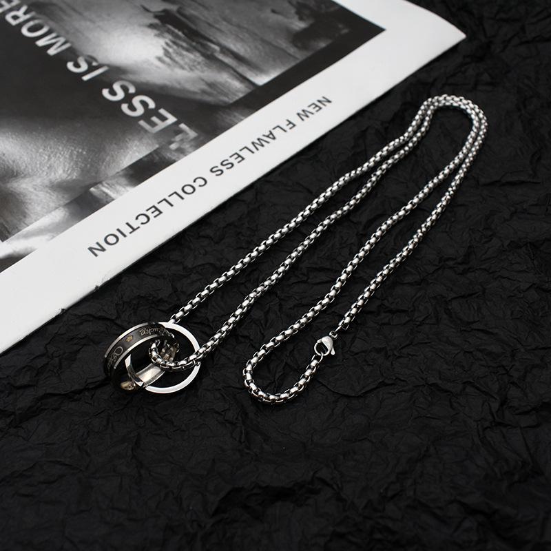 Versatile Titanium Steel Genderless Double Ring Pendant Necklace for Men and Women - Non-Fading Trendy Accessory