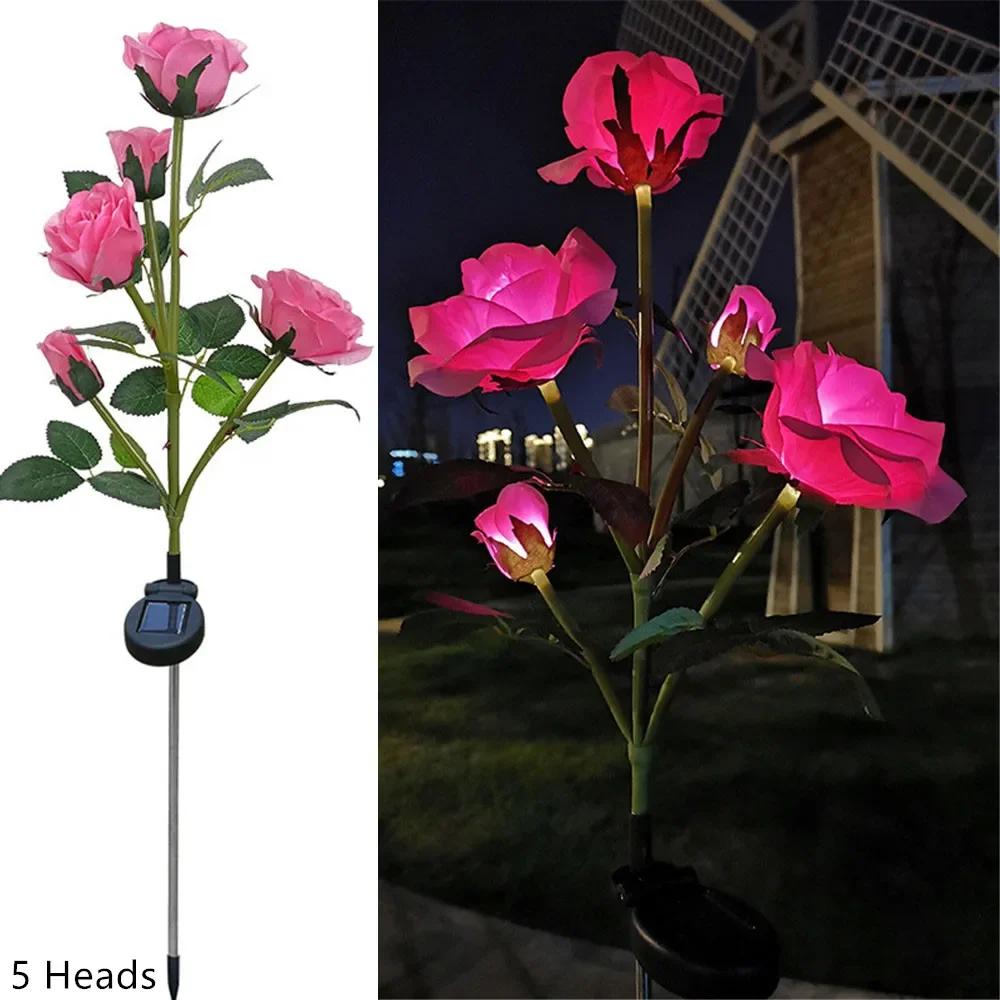 Garden Solar Decorative Lights, Outdoor Waterproof Realistic Artificial 5 Rose Flowers for Backyard Pathway Porch Yard Decor