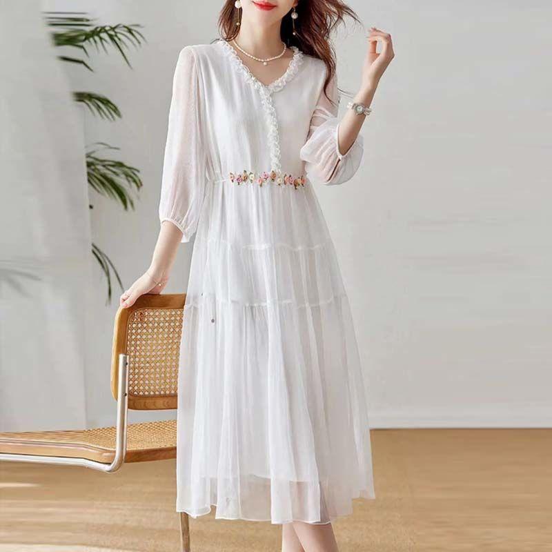 Loose White Maxi Dress for The Beach - Chiffon Sundress with Midriff Coverage