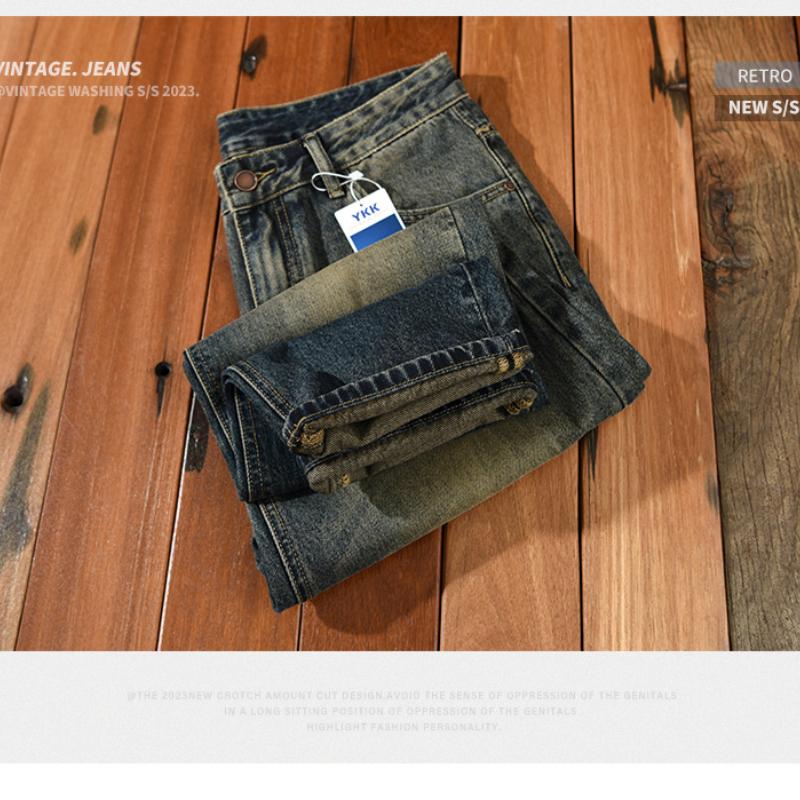 Мужские джинсы в американском стиле ретро, ​​новая модная уличная одежда, мужские брюки, хлопковые мешковатые прямые синие потертые джинсы, молодежные джинсовые брюки