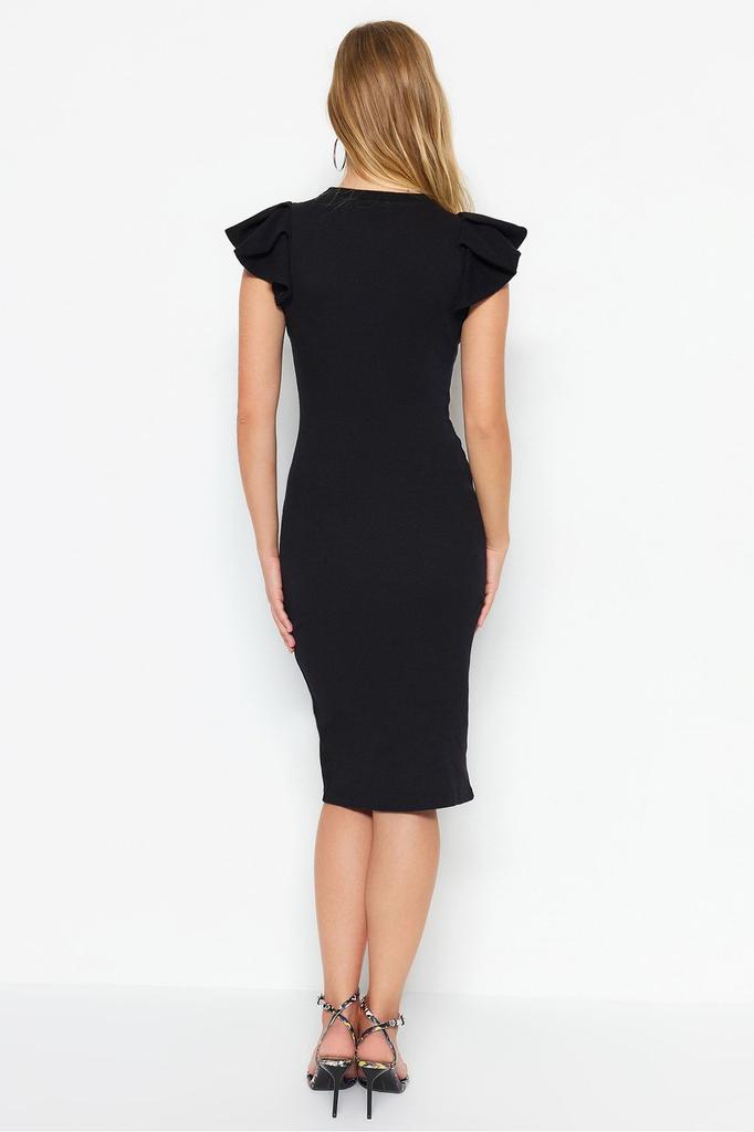 Women's Style Dress Green Ribbed Sleeves Flounce Midi Knitted Dress