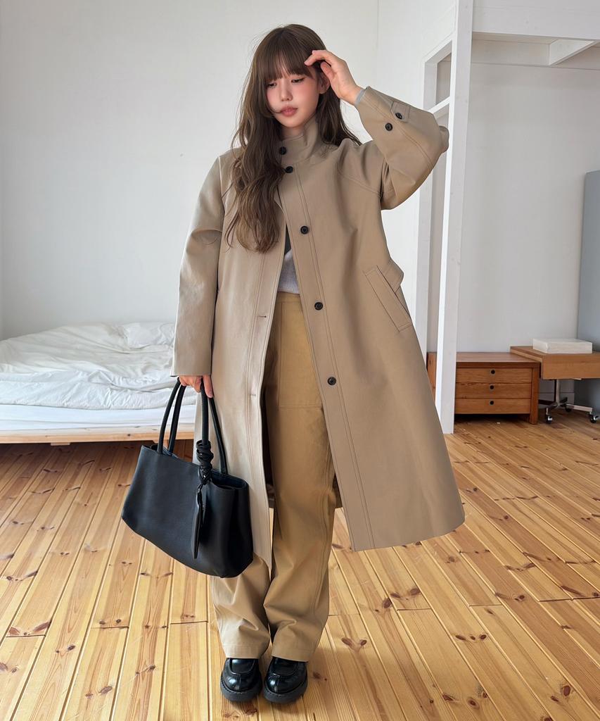 LINGSEOUL High Neck Trench Coat-Beige