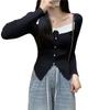 Square Neck Contrasting Color Irregular Hem Short Knit Sweater for Women Autumn and Winter Slim Fit and Slimming Long Sleeved Top for Women