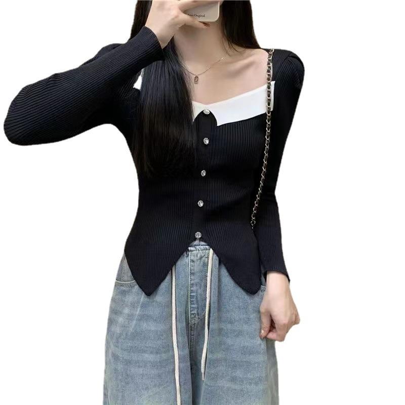 Square Neck Contrasting Color Irregular Hem Short Knit Sweater for Women Autumn and Winter Slim Fit and Slimming Long Sleeved Top for Women