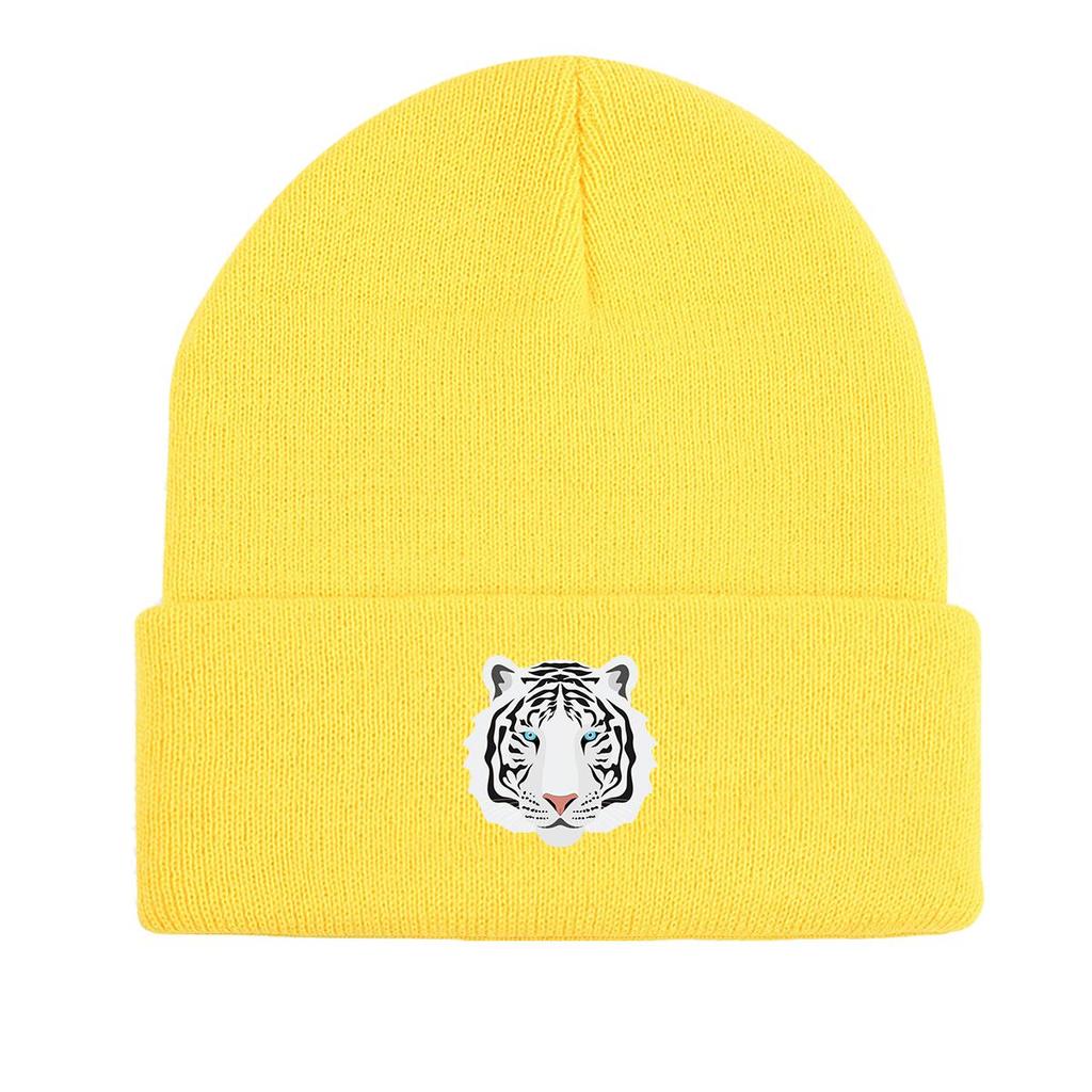 White Tiger Print Knit Hat Beanie, Animal Skull Cap Fit Autumn Simple Pompom Beanies Knitted Cap Beanie