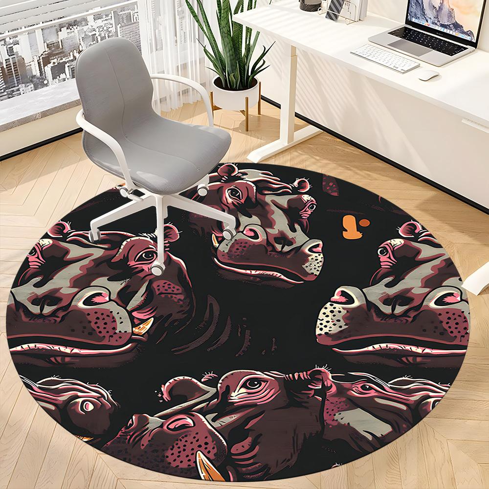 1PCHippopotamus Pattern Office Round Area Rug,  Mat Suitable For Office, Under Office Chairs Bedroom Living Room Home Decor, Room Deco