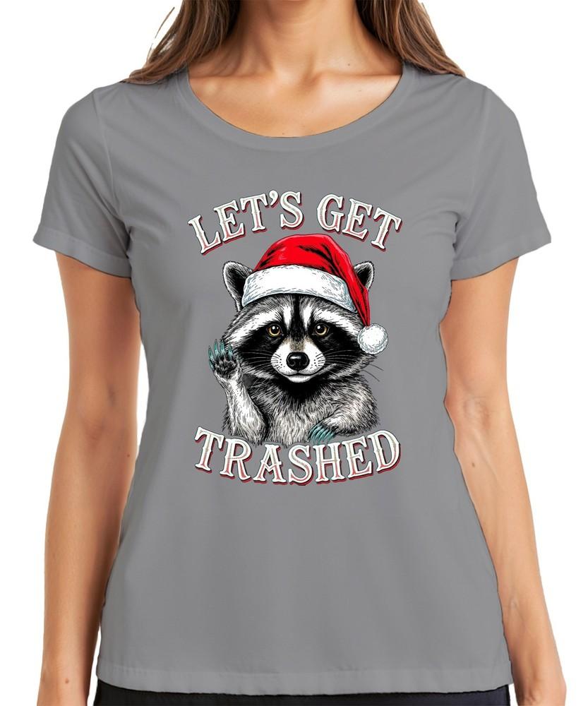 Lets Get Trashed Christmas Raccoon Santa Hat Party Funny Ladies Tshirt