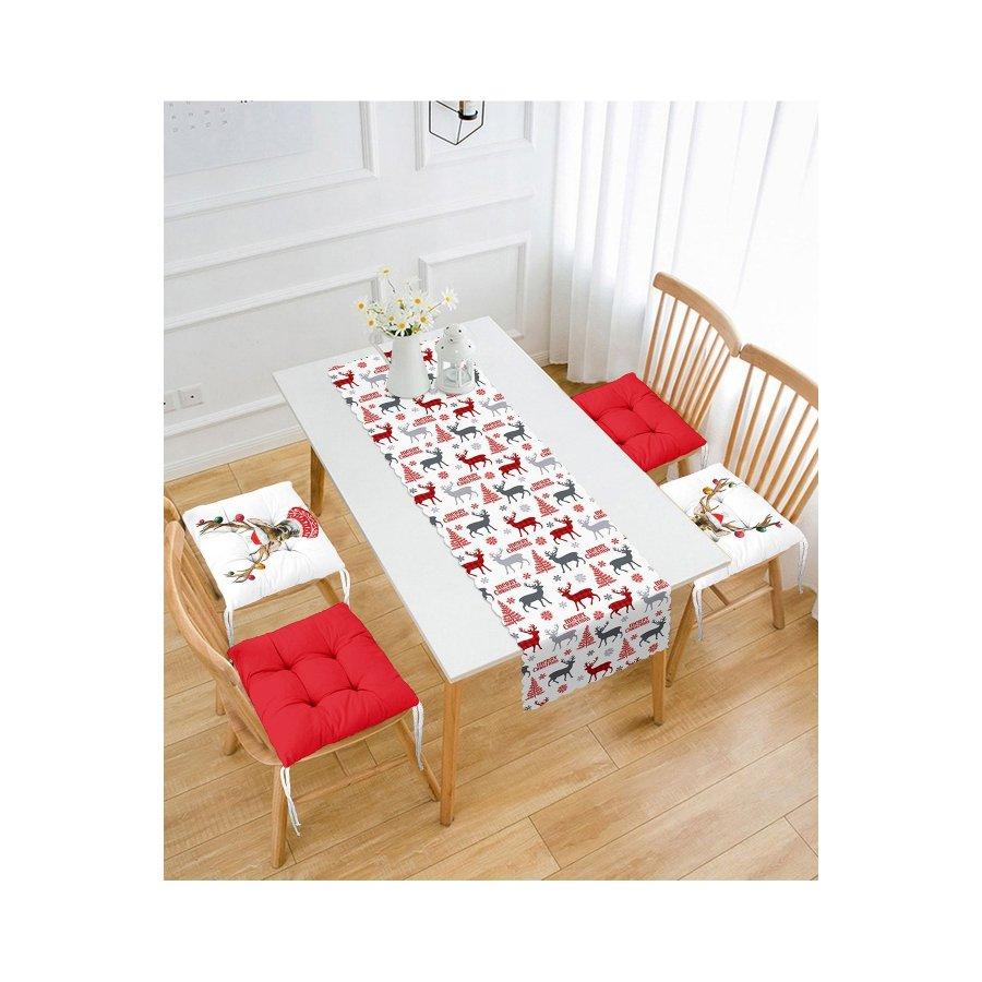 Набор подушек для стула с новогодним тематическим принтом оленя / 4 квадратных подушки для стула 40×40 см и 1 дорожка