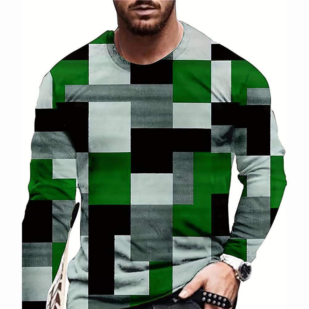 Цветная блокировка, трехмерный принт, мужская осенне-зимняя свободная повседневная рубашка с круглым вырезом и длинными рукавами, оверсайз, одежда в стиле ретро