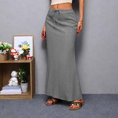 Юбка макси в стиле бохо с высокой талией, регулируемая длинная юбка с разрезом сзади, однотонная офисная женская юбка