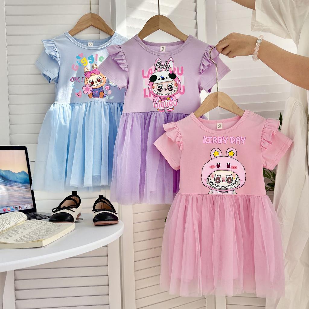 Принцесса Тюлевое Платье для Девочек, Детские Летящие Рукава, Короткие Рукава, Цельное Платье на Лето