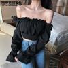 WTEMPO Women Black White Long Puff Sleeve Slim Cropped Tops Summer Solid Square Collar Chiffon Elegant Ins Blouses