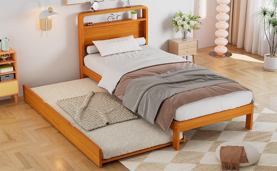 Wooden Bed 90x200 cm with Pull-Out Bed 90x190 cm, Functional Bed with Left/Right Mountable Guest Bed, Rounded Headboard and Space-Saving Design