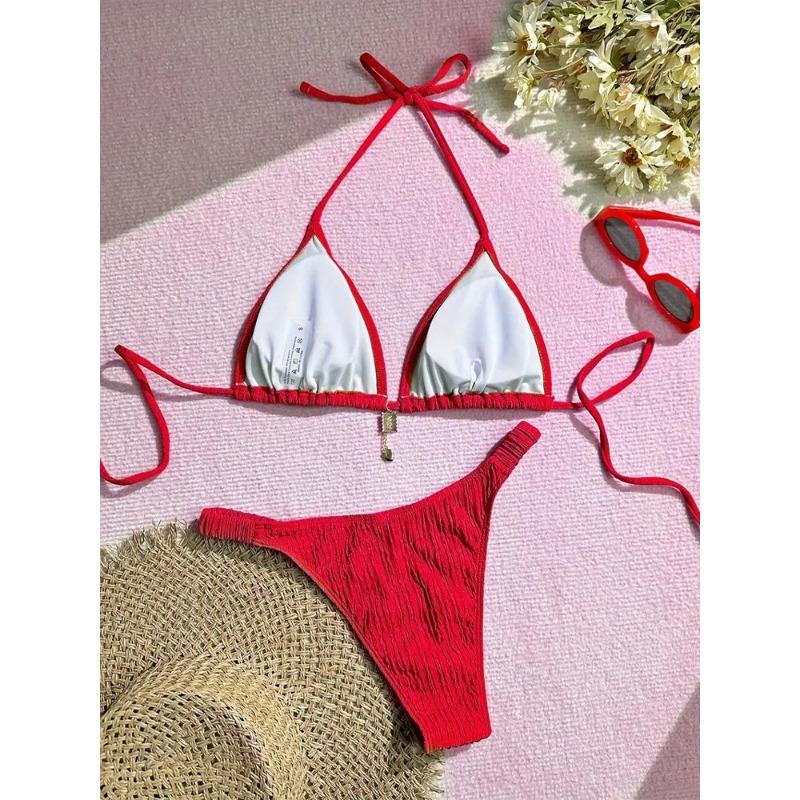 Розовый текстурированный треугольный бикини-комплект с подвеской, стринги, купальник из двух частей