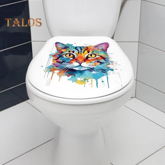 Цветной рисунок наклейка на унитаз с котом, водонепроницаемая, съемная, самоклеящаяся, ПВХ, настенное искусство для гостиной, ванной комнаты, акварель, котенок, декоративная наклейка на крышку унитаза