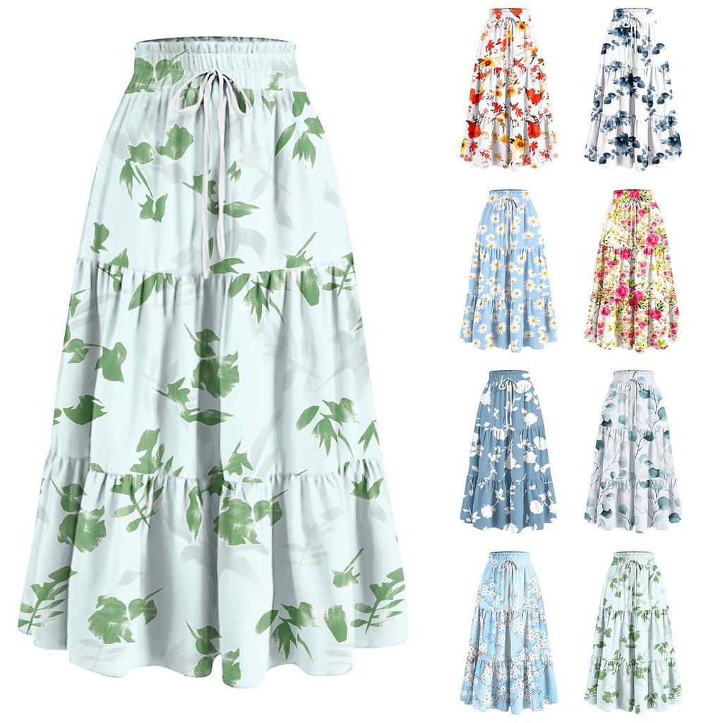 Women's Ruffled Spring Casual Long Skirt Plain Color Skirt Retro Pleated Skirt