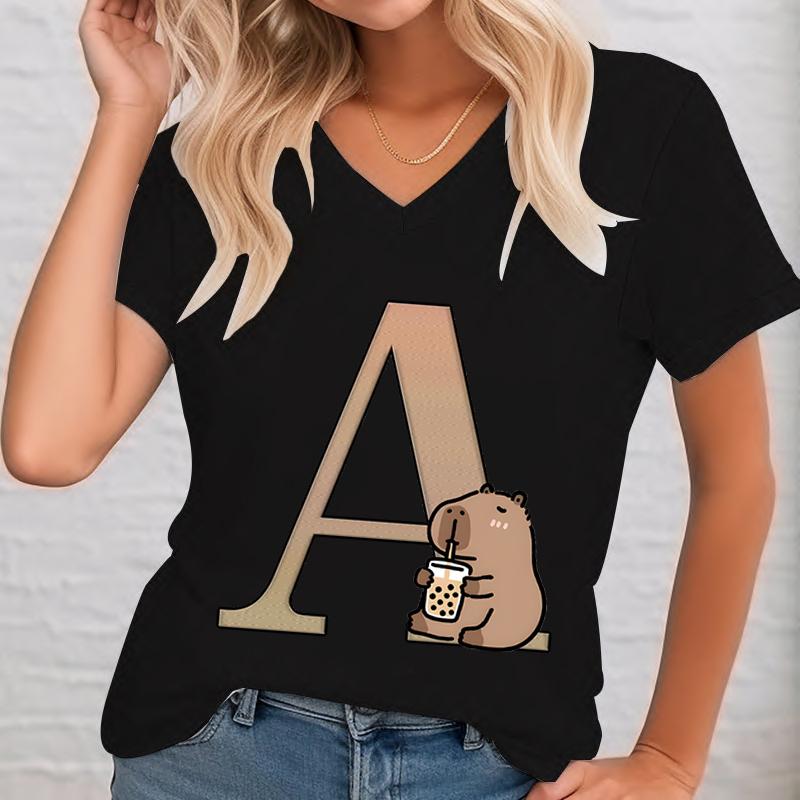 Alphabet Capybara Funny Print Tshirt Women Unisex Vneck Design Casual Cute Animal Short Sleeve T Shirts Oversized Novel Tees Top