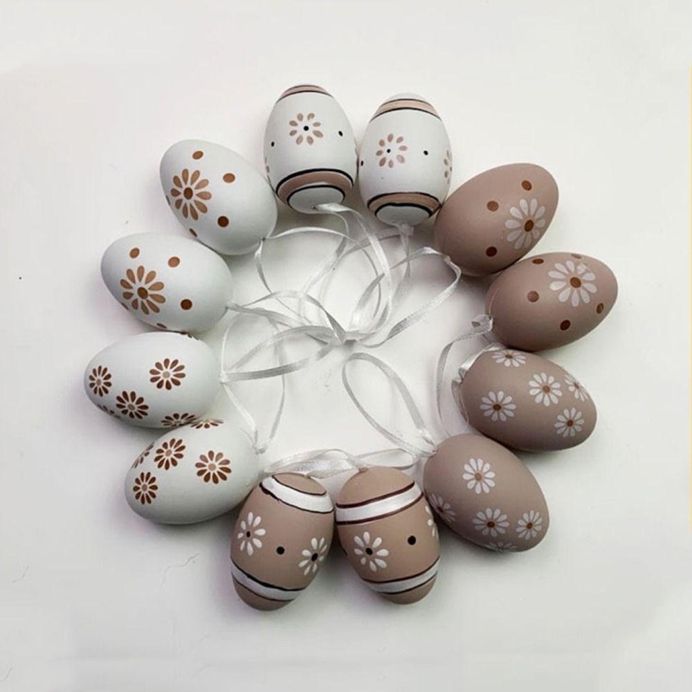 12Pcs/Set Cartoon Easter Hand Painted Egg Easter Egg Artificial Egg Pendant  Party Decoration