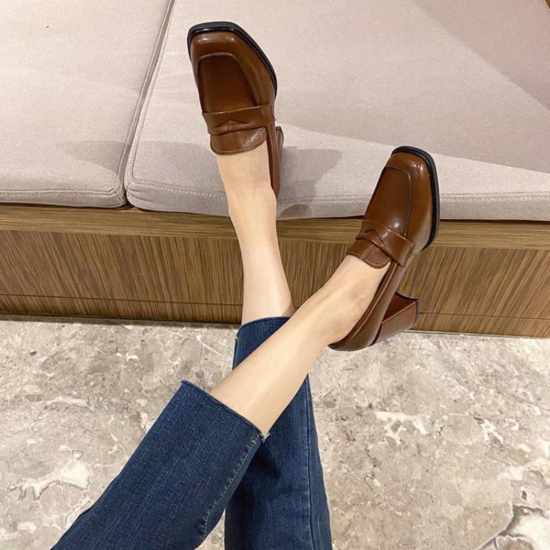 French Heels Women's Retro Square Toe Block Heel Temperament Single Shoes Slip-on Loafers