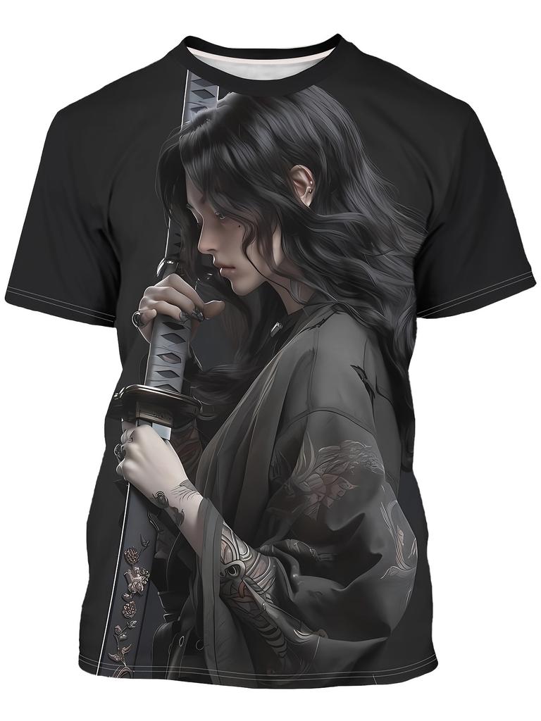 Мужская футболка с 3D-принтом "Курящая монашка" Черная Повседневная Летняя С круглым вырезом С коротким рукавом Модная Полиэстер Уличная одежда Футболка Ретро Одежда