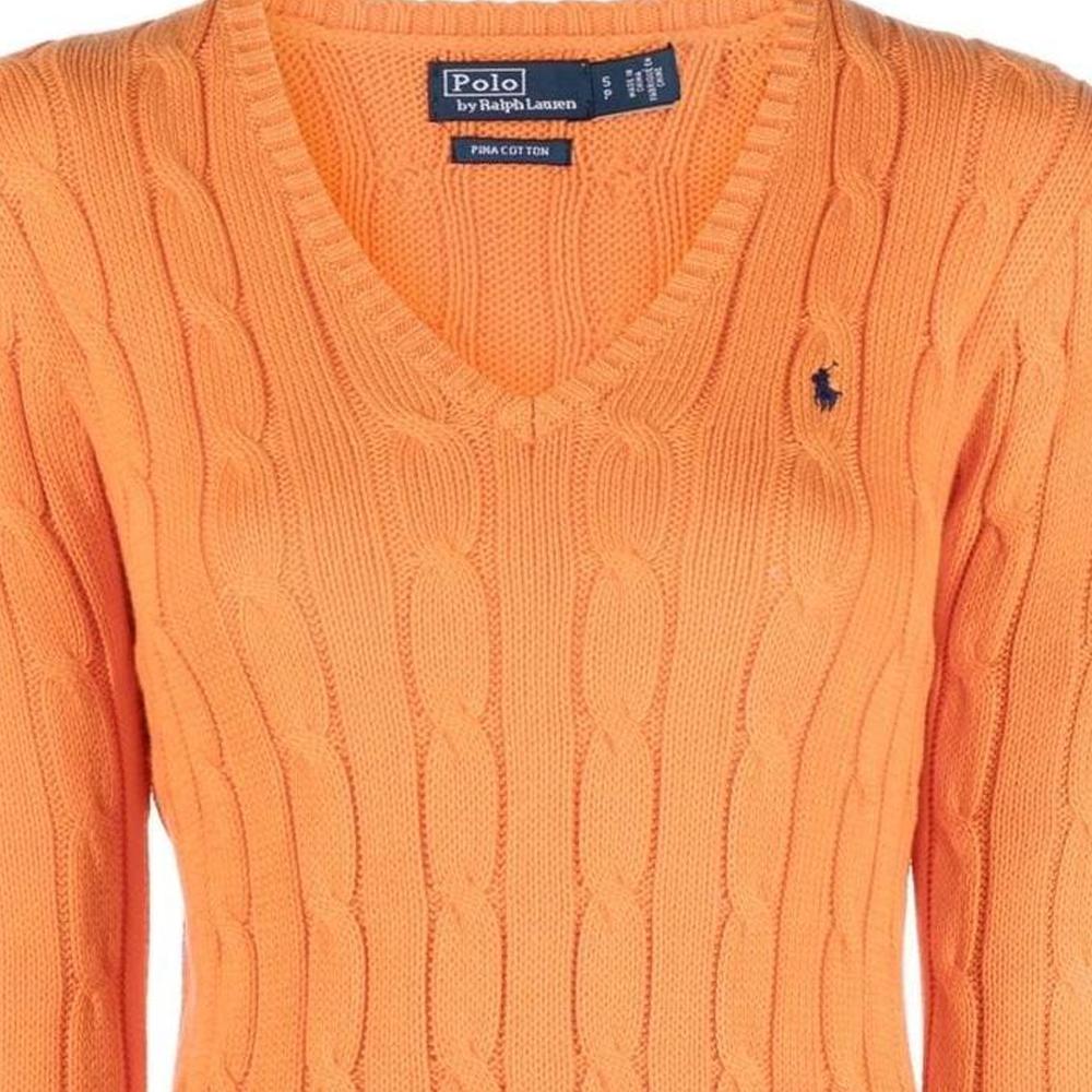 Женский свитер Polo Ralph Lauren SS23 с логотипом жаккардовой вязки в рубчик, с круглым вырезом, оранжевый 211891641-008