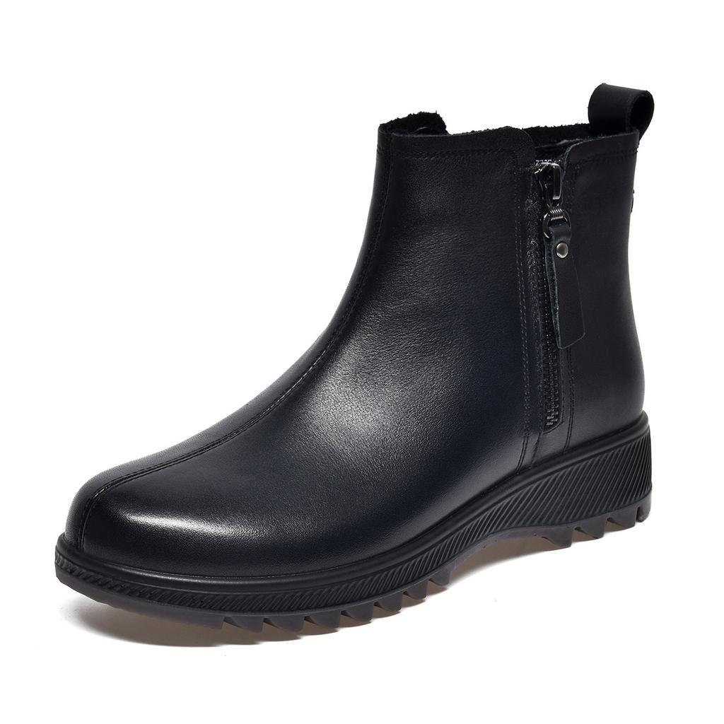 Short Boots Women's New Double Zipper Round Head Flat Bottom Women's Boots First Layer Cowhide Casual Cotton Boots