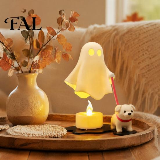 Modern Bedroom Shelf Decor Halloween Ghost Walking Dog Figurine, Cute Spooky Statue with LED Candle Ornament Candle, 3D Printed Tabletop for